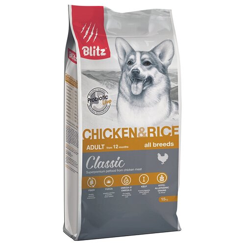 BLITZ Сухой корм Blitz Chiken and Rice для собак, курица/рис, 15 кг