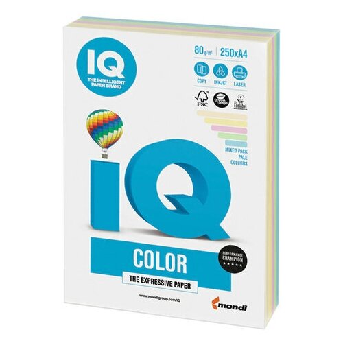 Бумага цветная IQ color А4 80 г/м2 250 л. (5 цветов x 50 листов) микс пастель RB01 1 шт.