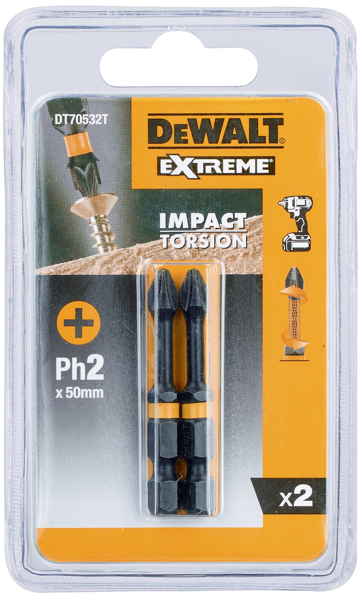 Биты ударные IMPACT Torsion Ph2 57мм 2шт. Dewalt DT70532T 15568464