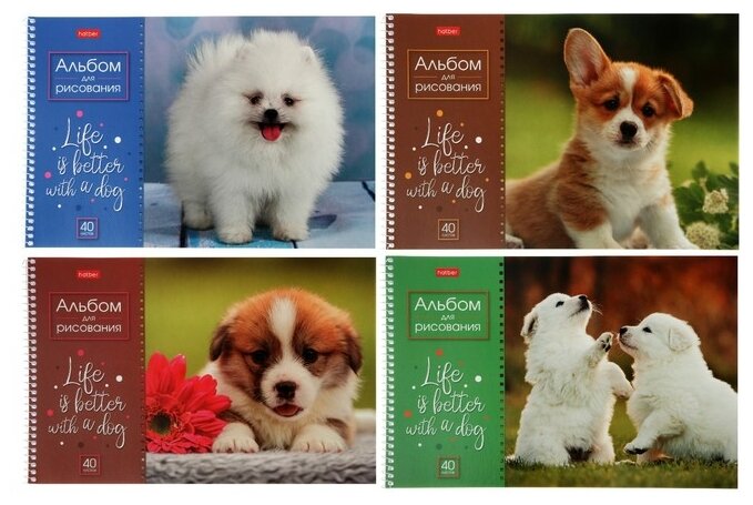 Альбом для рисования А4, 40 листов на гребне Doggie-щенки, обложка мелованный картон, блок 100 г/м2, микс - фотография № 1