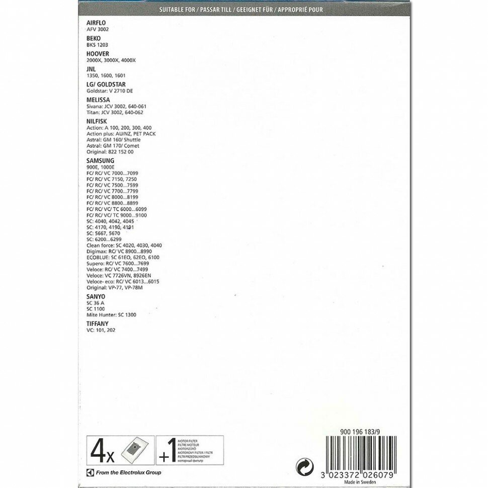Menalux 5100, мешки для пылесоса Samsung, BEKO, Hoover, LG, Sanyo, тип VP-77 (4 штуки + 1 моторный фильтр) - фотография № 4