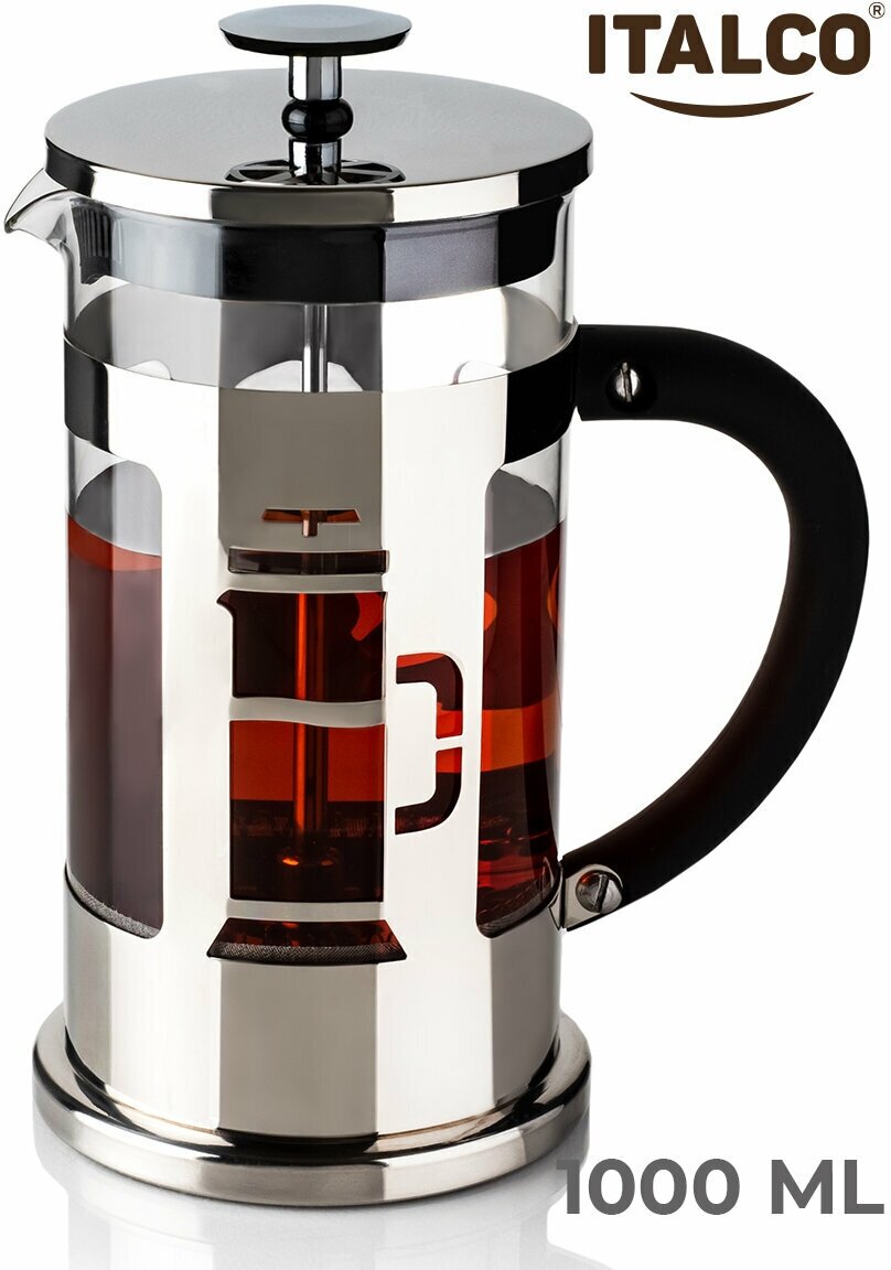 Френч-пресс Italco "Model S", нержавеющая сталь, стекло, 1 л — фото 1