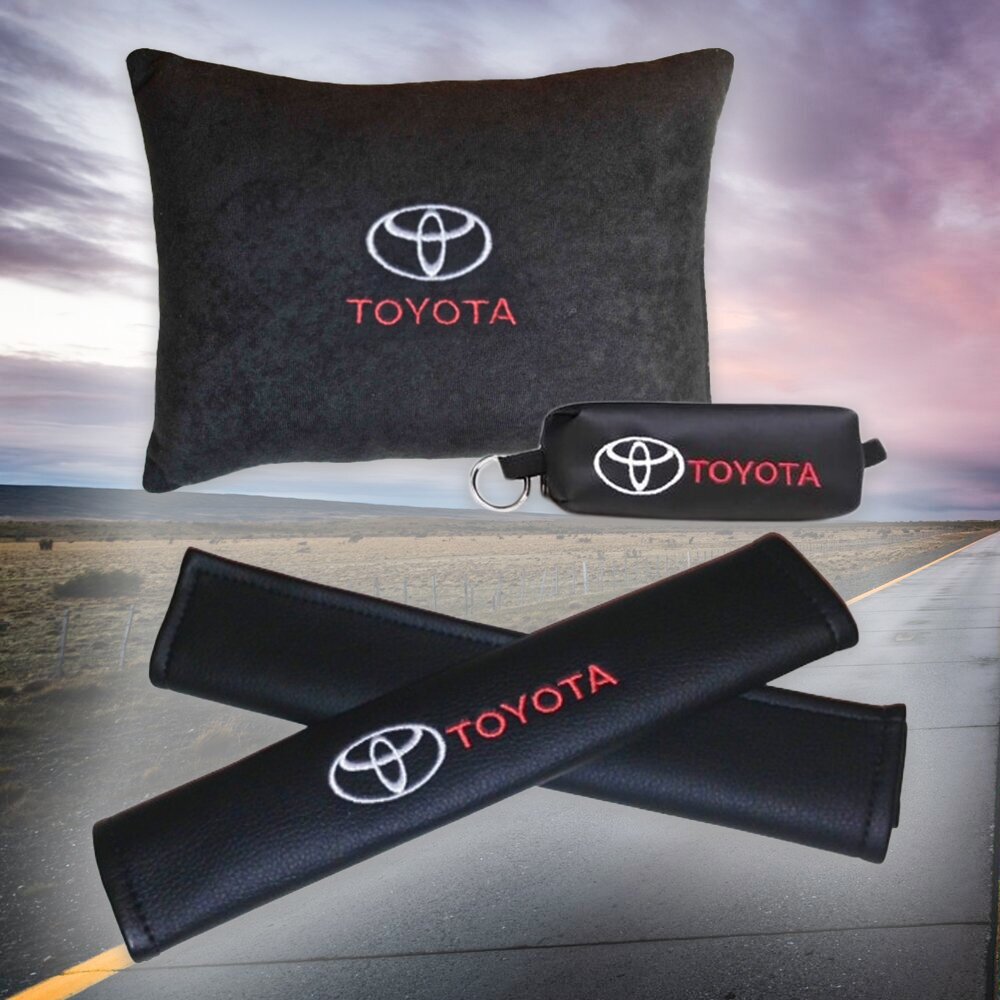 Подарочный набор автомобилиста из черного велюра для Toyota (тойота) (автомобильная подушка, ключница и накладки на ремень безопасности)
