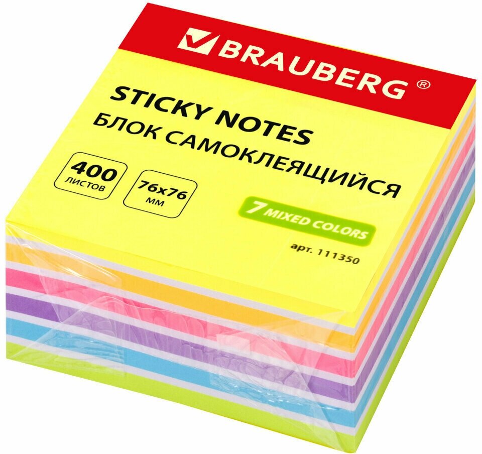 Блок самоклеящийся (стикеры) BRAUBERG неоновый 76х76 мм, 400 листов, 7 цветов, 111350, 111350