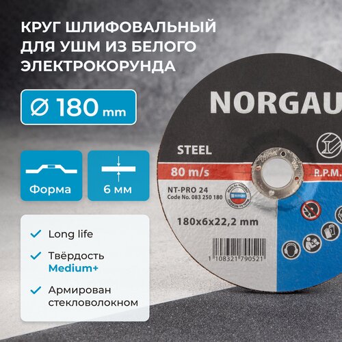 Диск зачистной 180 х 6 мм NORGAU Industrial армированный шлифовальный, средней твердости, по стали для болгарки/УШМ