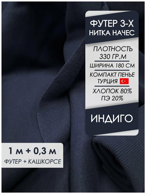 Ткань премиум футер начес 3х нитка Индиго, отрез 1,0х1,8 м + кашкорсе 30 см.