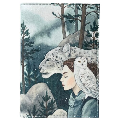 Обложка на паспорт «Снежный барс, сова и девушка»
