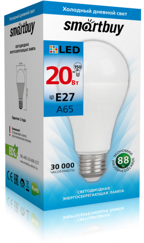 Светодиодная LED лампа Smartbuy ЛОН A65 E27 20W(1600lm) 6000K 6K 152x80 SBL-A65-20-60K-E27