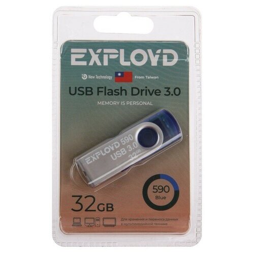 Флешка Eхployd 590, 32 Гб, USB3.0, чт до 70 Мб/с, зап до 20 Мб/с, синяя