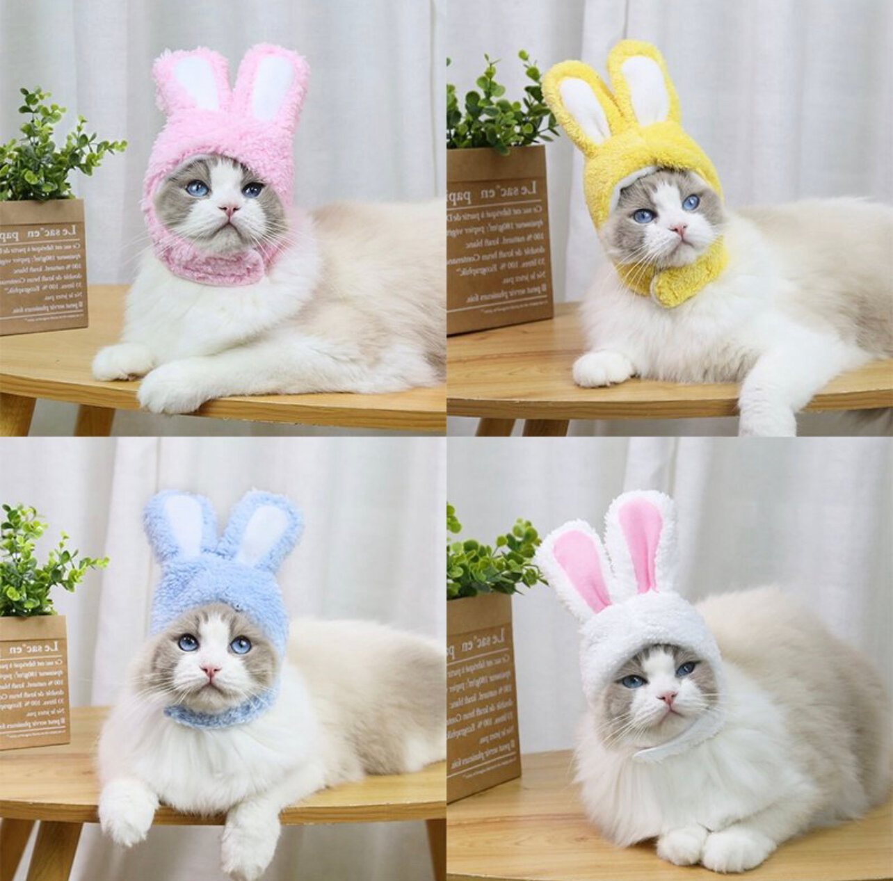 AMEIFU шапка с ушами зайца для кошек и собак мелких пород, одежда для кошек новогодняя, белая - фотография № 4