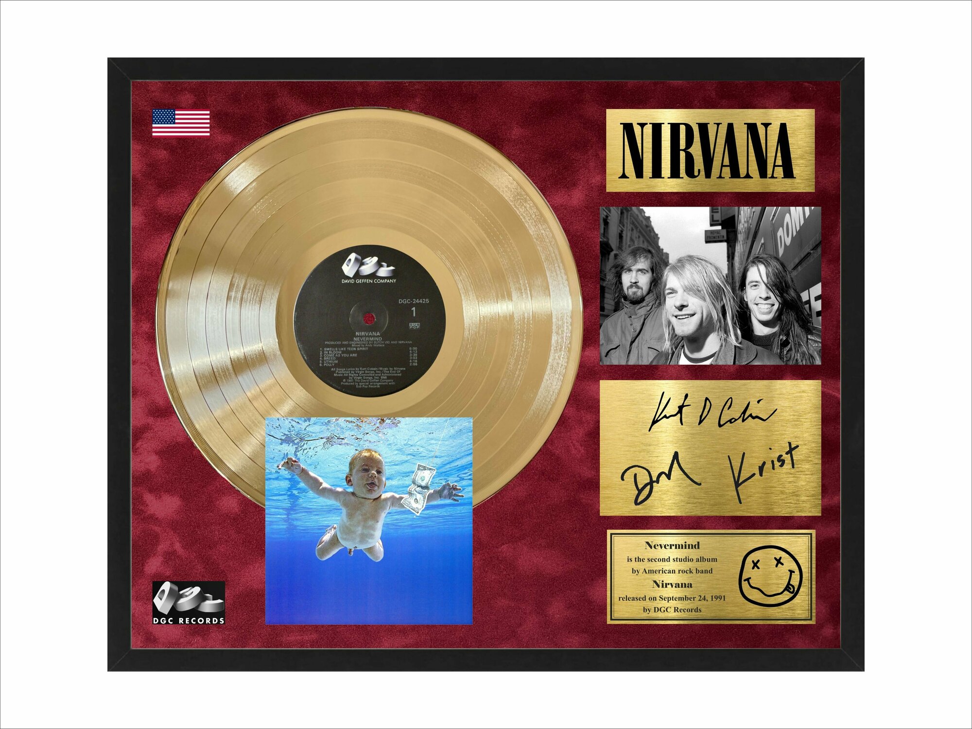 Nirvana Nevermind золотая виниловая пластинка в рамке и автографы музыкантов