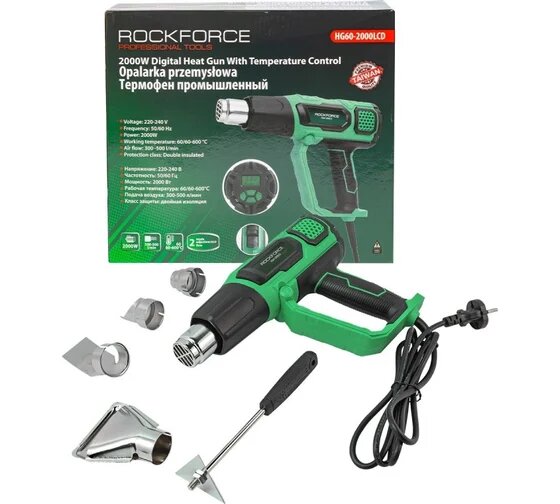 Промышленный фен с дисплеем и насадками ROCKFORCE (220В50/60Гц2000Вт 60-600С 300-500л/мин) RF-HG60-2000LCD(52350)