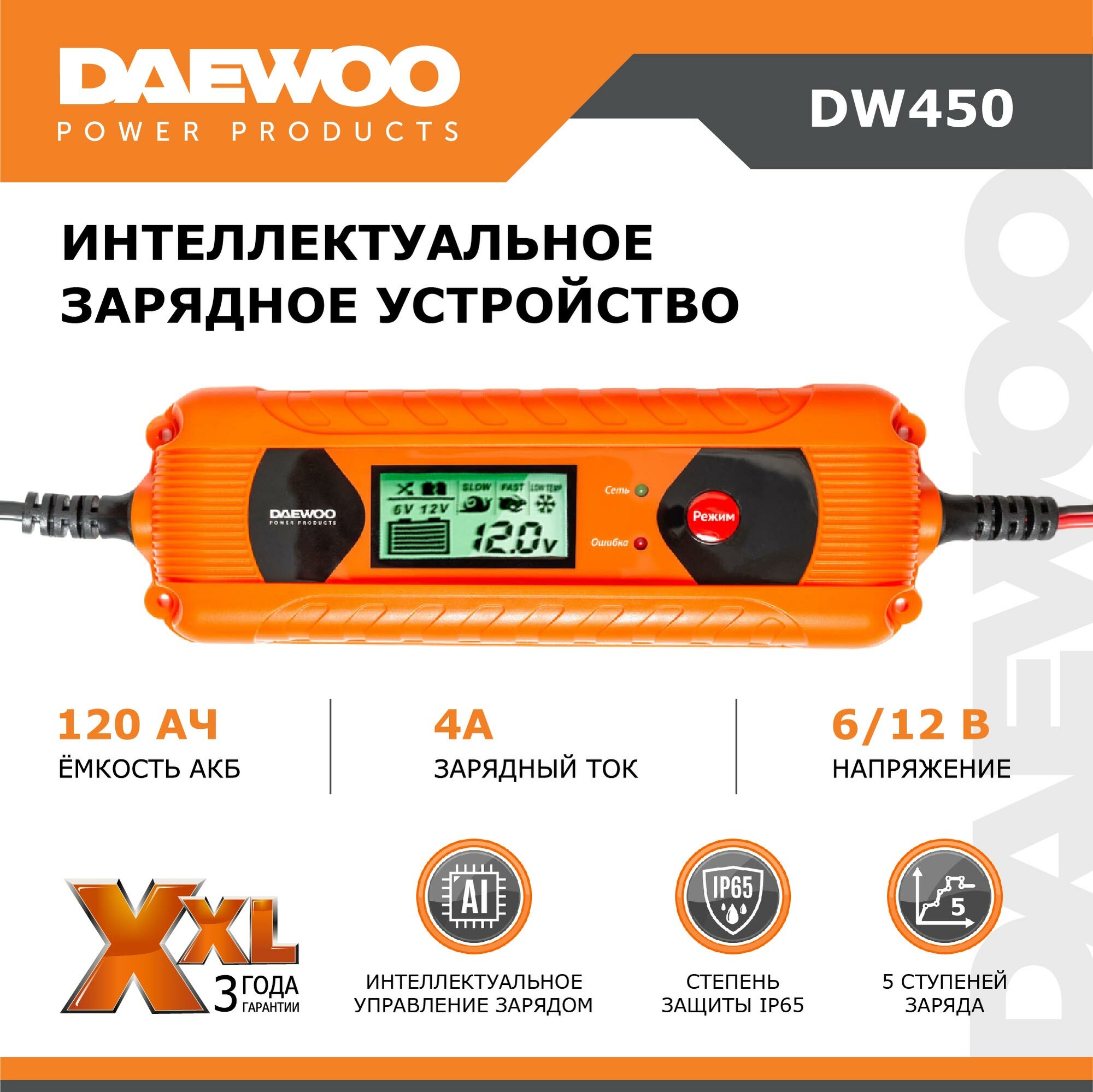 Зарядное устройство для аккумулятора, с защитой от перегрева DAEWOO DW 450, 1.7 м, 4 A, для AGM/GEL, LED-дисплей