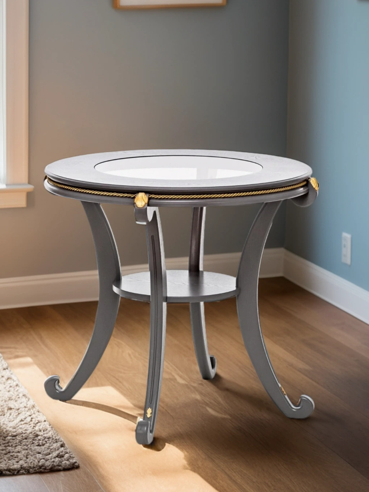 Столик Глория С со стеклом Prime круглый с полкой классический стиль 70х70х66 см цвет серый ясень