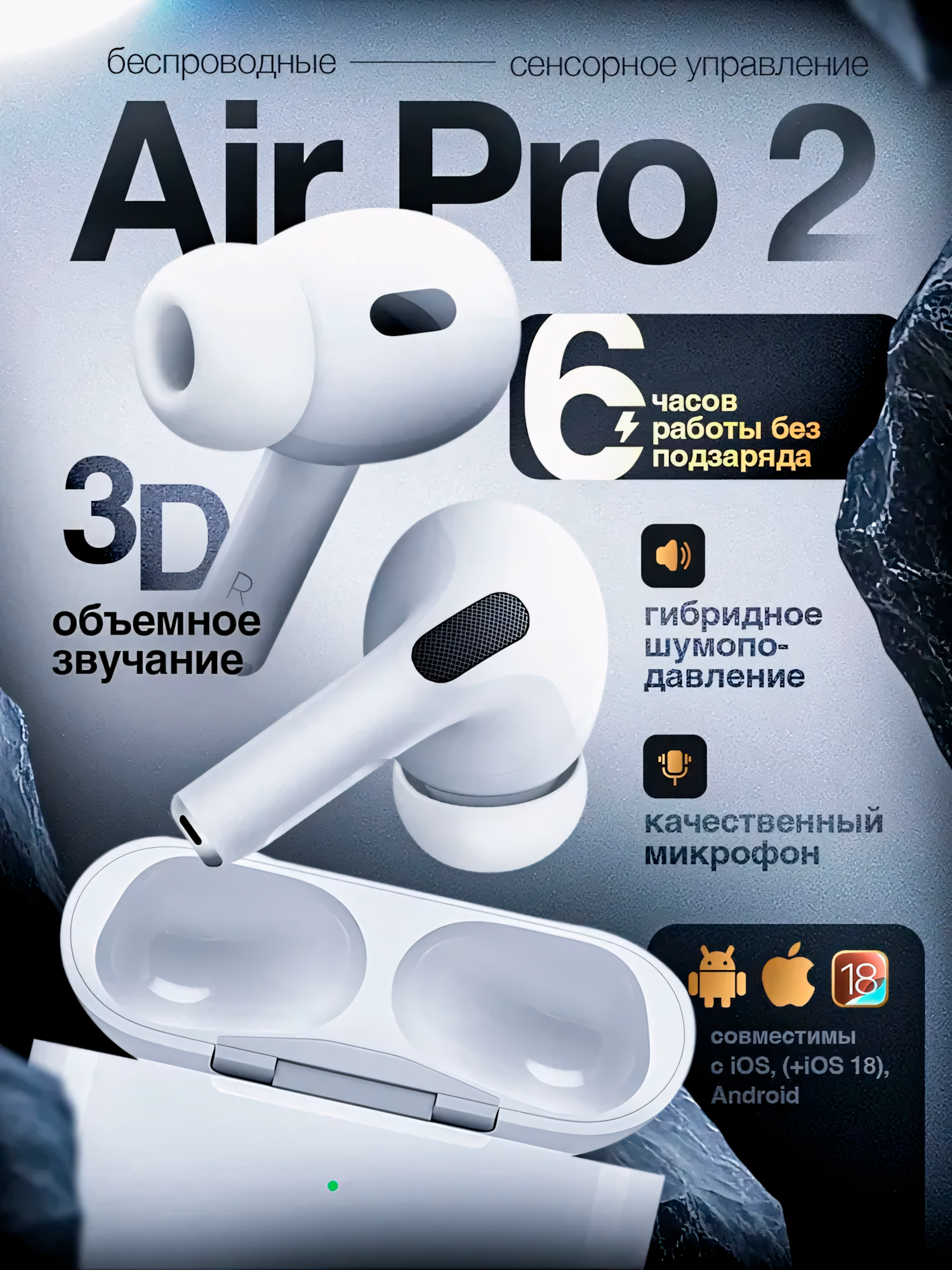 Беспроводные наушники AirPods с микрофоном и шумоподавлением для чистого звука и комфортного прослушивания музыки