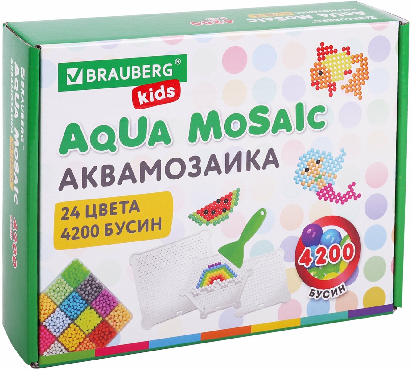 Аквамозаика Brauberg 24 цвета, 4200 бусин, с трафаретами, инструментами и аксессуарами, Kids