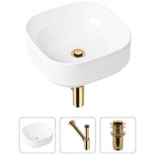 Комплект 3 в 1 Lavinia Boho Bathroom Sink 21520225: накладная фарфоровая раковина 40 см, металлический сифон, донный клапан