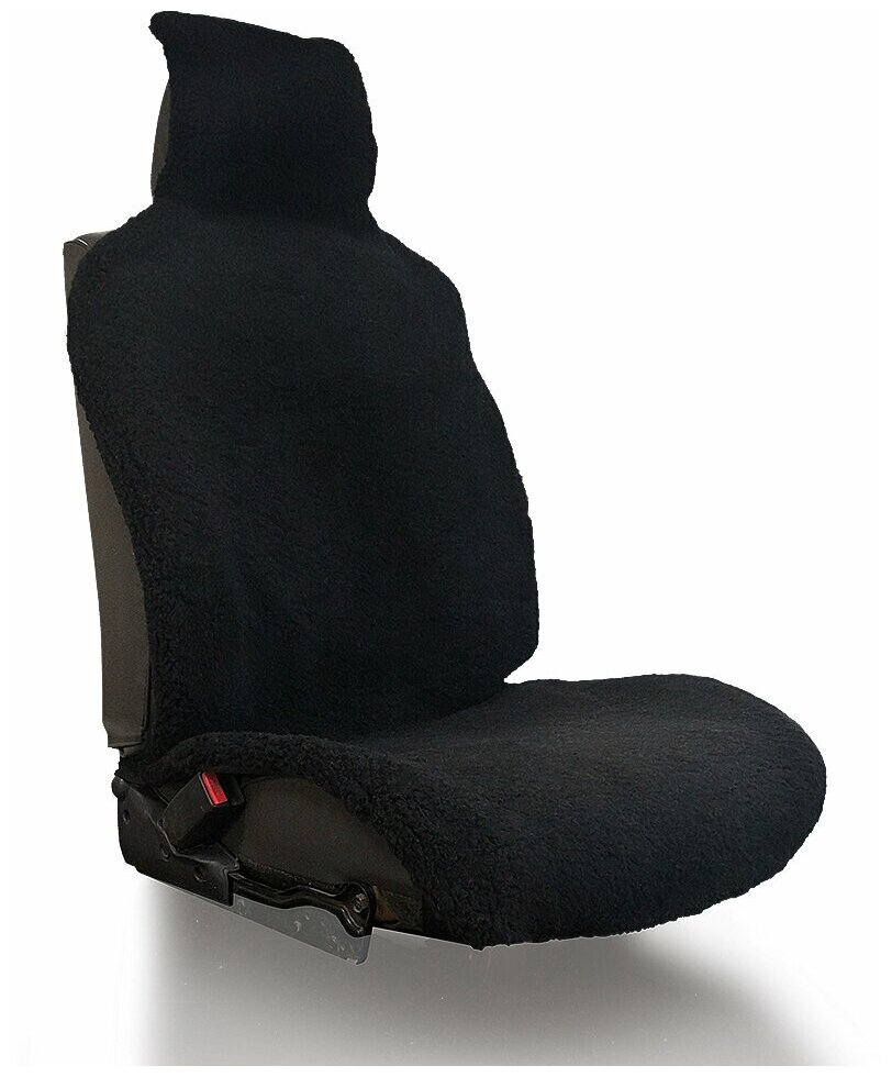 Меховая накидка на водительское автокресло или сиденье переднего ряда со слитным подголовником из чёрной шерсти универсальные с нескользящим подкладом