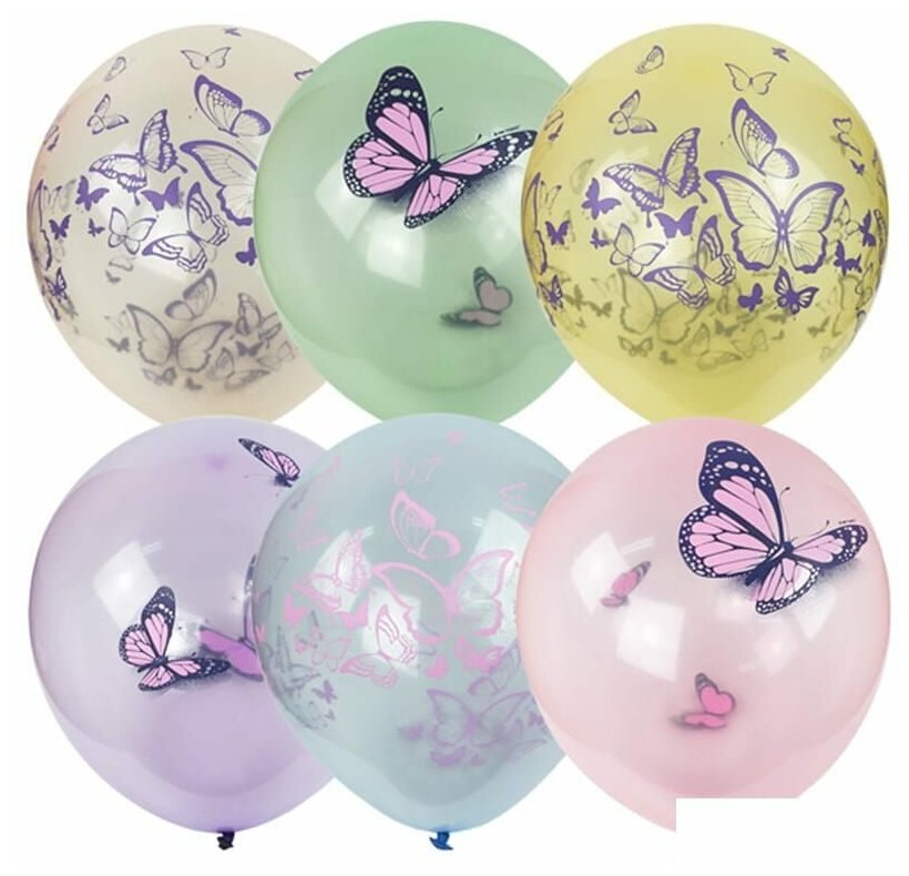 Воздушные шары Пати Бум "Кристалл Bubble. Бабочки", 25шт, 12" (30см), пастель+декоратор, набор цветов (4690296070175)