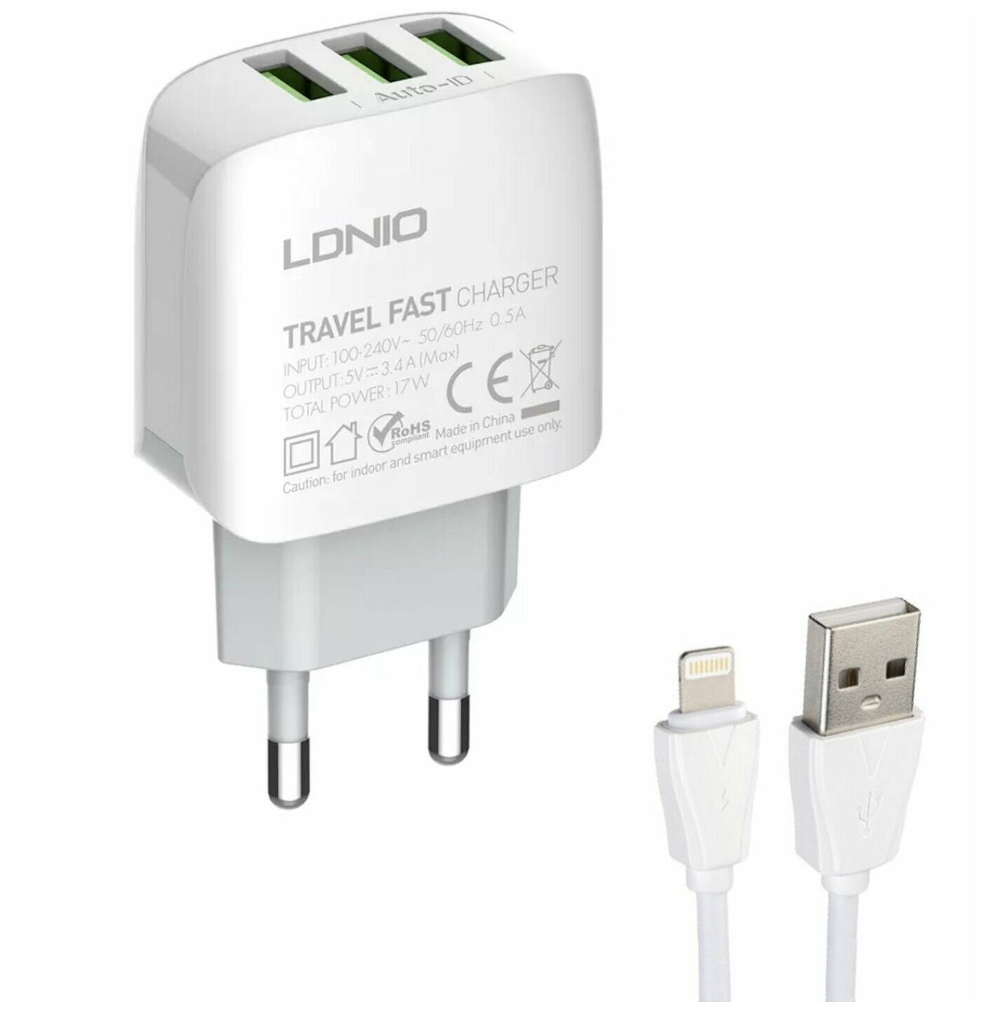 Зарядное устройство LDNIO A3312/3,4 A/17 Вт/3 USB порта/кабель lightning в комплекте, белый