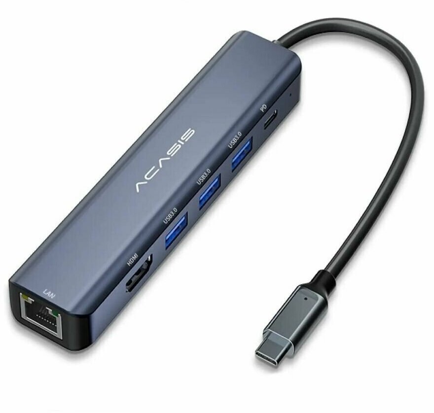 Док-станция Acasis DS-7HN6 6 в 1 с кабелем 25см, Type-C to HDMI + USB3.0 x 3 + PD 100 Вт - Темно-серый