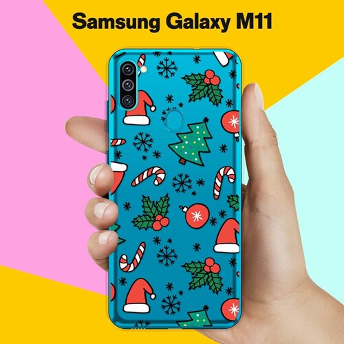 Силиконовый чехол на Samsung Galaxy M11 Новогодний узор / для Самсунг Галакси М11 жидкий чехол с блестками деда мороз в санках на samsung galaxy m11 самсунг галакси м11