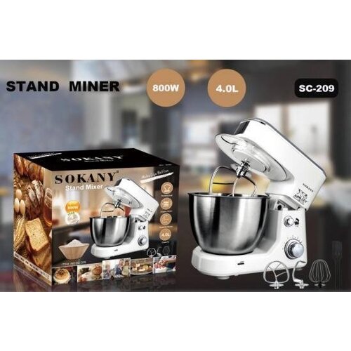 Планетарный миксер SC-209/Dough mixer/Мощность 800ВТ/Объем чаши 4 л/ 5 режимов работы/3 Насадки/белый