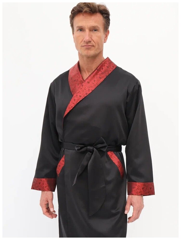 Халат мужской домашний (шёлк), Домашняя одежда, Цвет черный с красным, Размер 54 - фотография № 5
