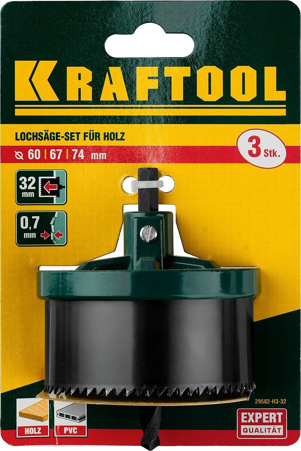 KRAFTOOL 3шт(60-74/32мм), кольцевая пила по дереву, сегментная, наборная: 60-67-74x32 мм — фото 1