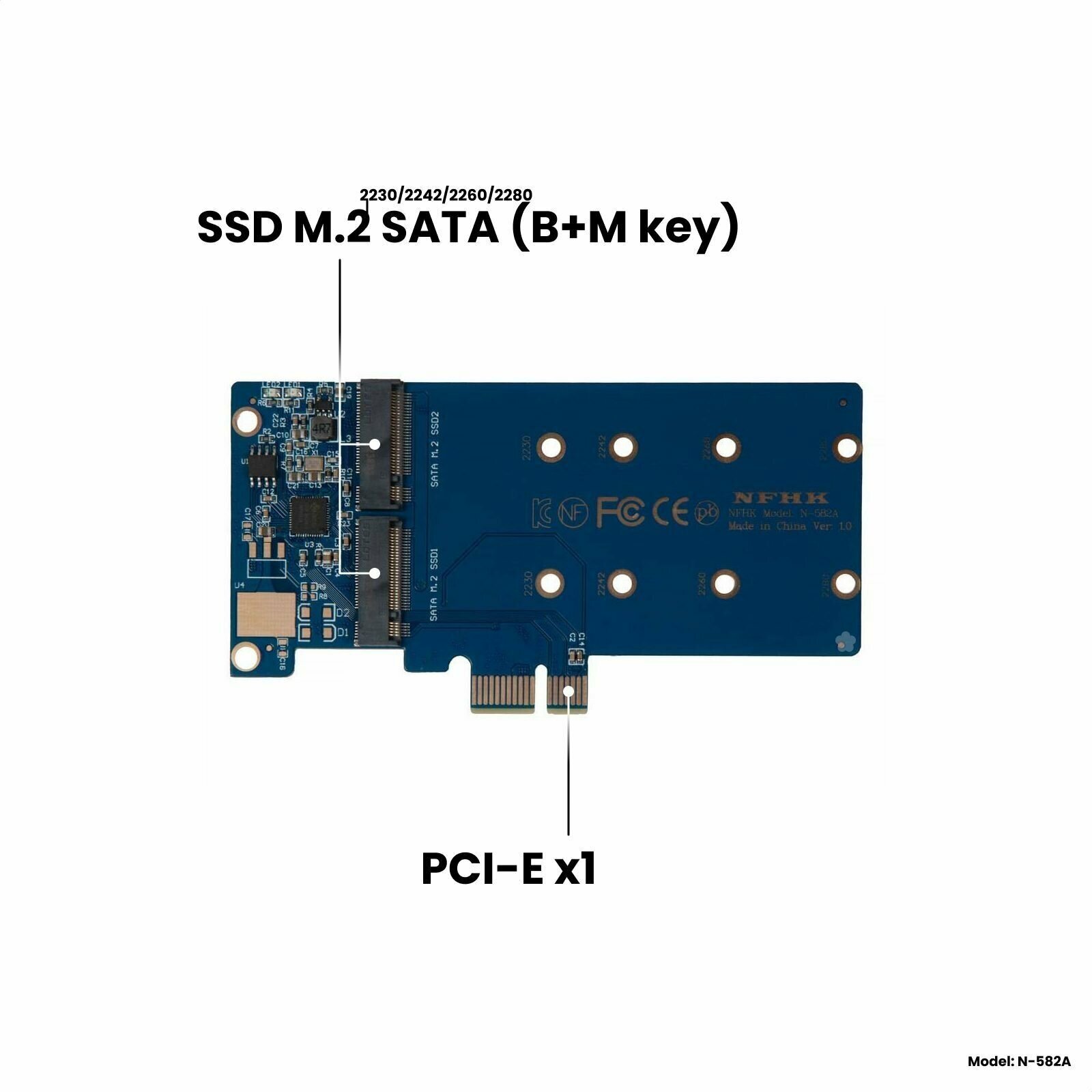 Адаптер-переходник (плата расширения) для установки 2 накопителей SSD M.2 2230-2280 SATA (B+M key) в слот PCI-E х1/x4/x8/x16, синий, NFHK N-582A