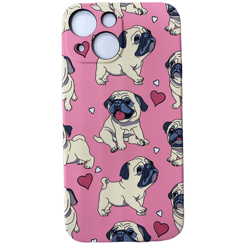 Чехол силиконовый Iphone 13 mini Мопсы на розовом, светящийся в темноте