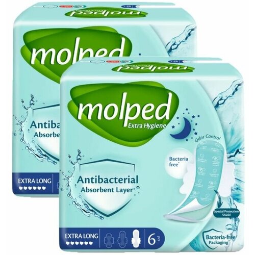 5070436-2шт, Гигиенические антибактериальные прокладки Molped Antibac Extra Long, 6 шт/уп