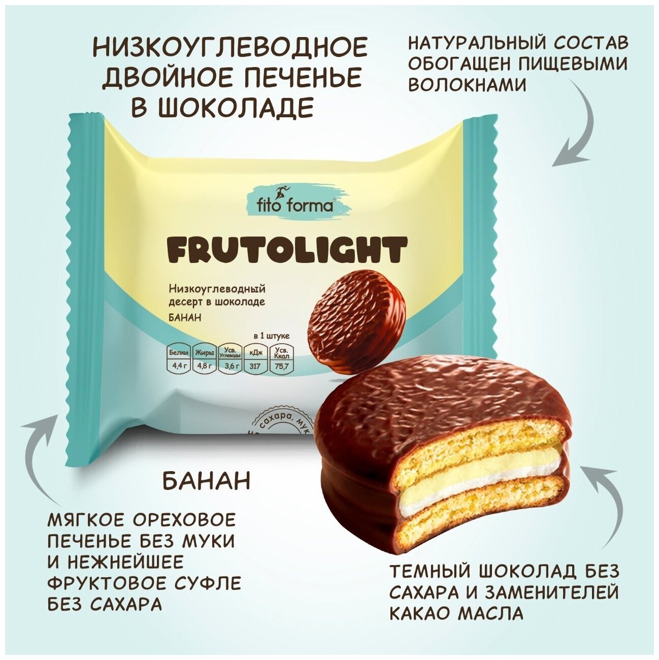 Низкоуглеводный ПП десерт, печенье в шоколаде без сахара Fito Forma FrutoLite Банан, 55 г