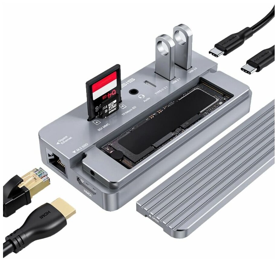 Док-станция Acasis USB-C HUB 10 в 1 для M.2 NVME и SATA NGFF SSD с поддержкой HDMI 8 ТБ для Windows/MAC/IPAD серебристый (CM073)
