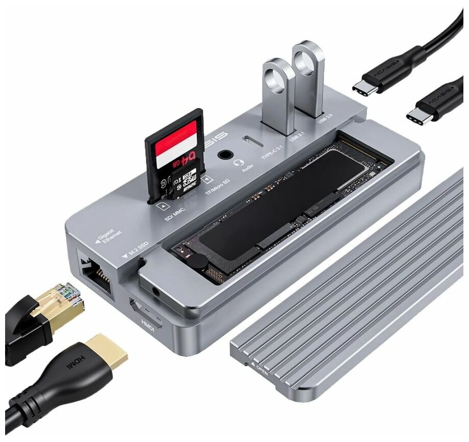 Док-станция Acasis USB-C HUB 10 в 1 для M.2 NVME и SATA NGFF SSD с поддержкой HDMI 8 ТБ для Windows/MAC/IPAD Silver (CM073)