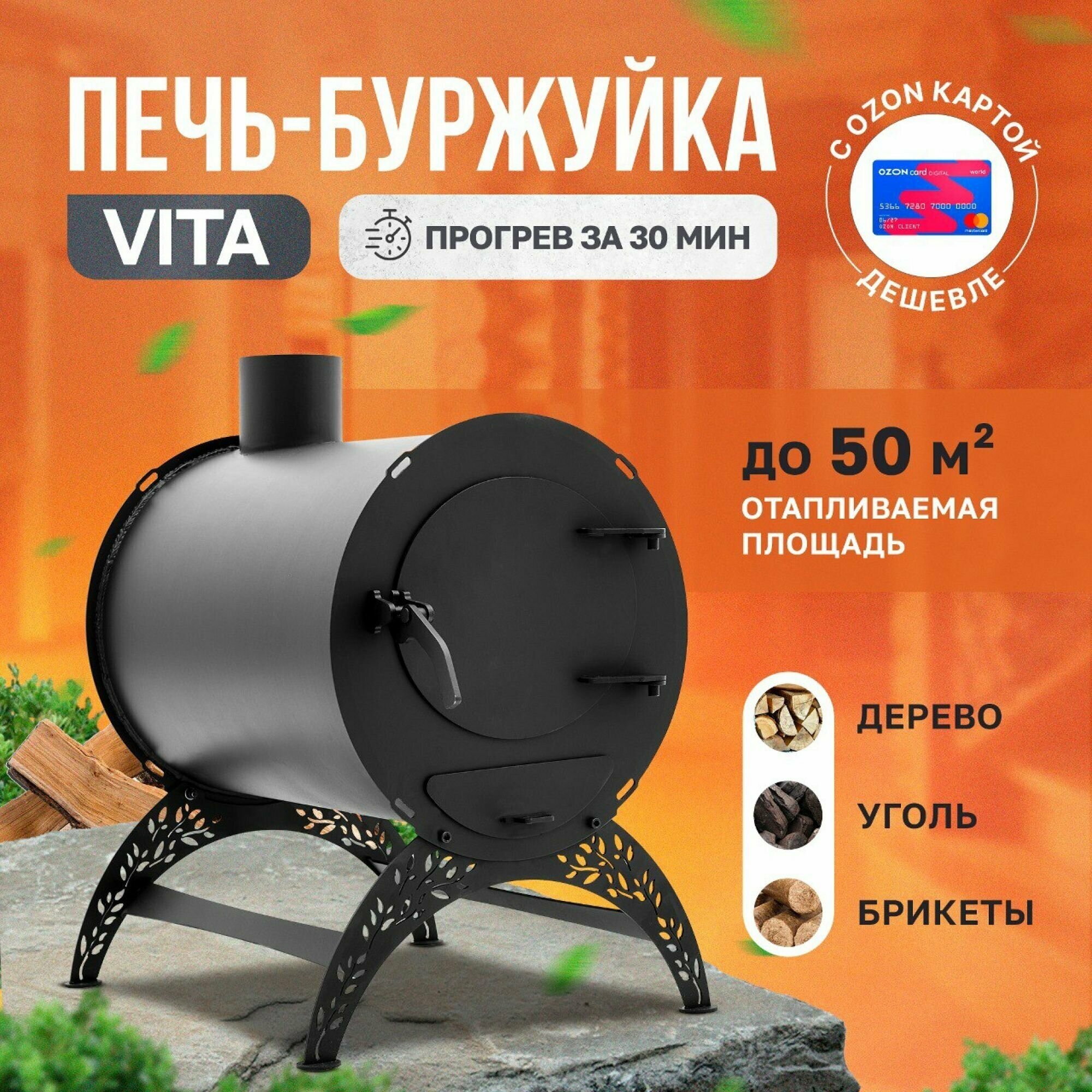 Отопительная печь-буржуйка VITA мини круглая 50 м3 / дровяная печь для дома / дачи/ гаража / палаток
