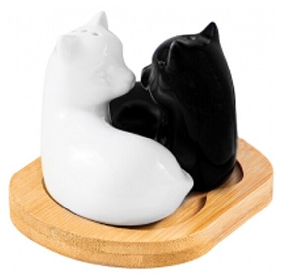 Набор для специй Elan Gallery 2 предмета Кошки черно-белые на деревянной подставке 11х9х7 см (540351)
