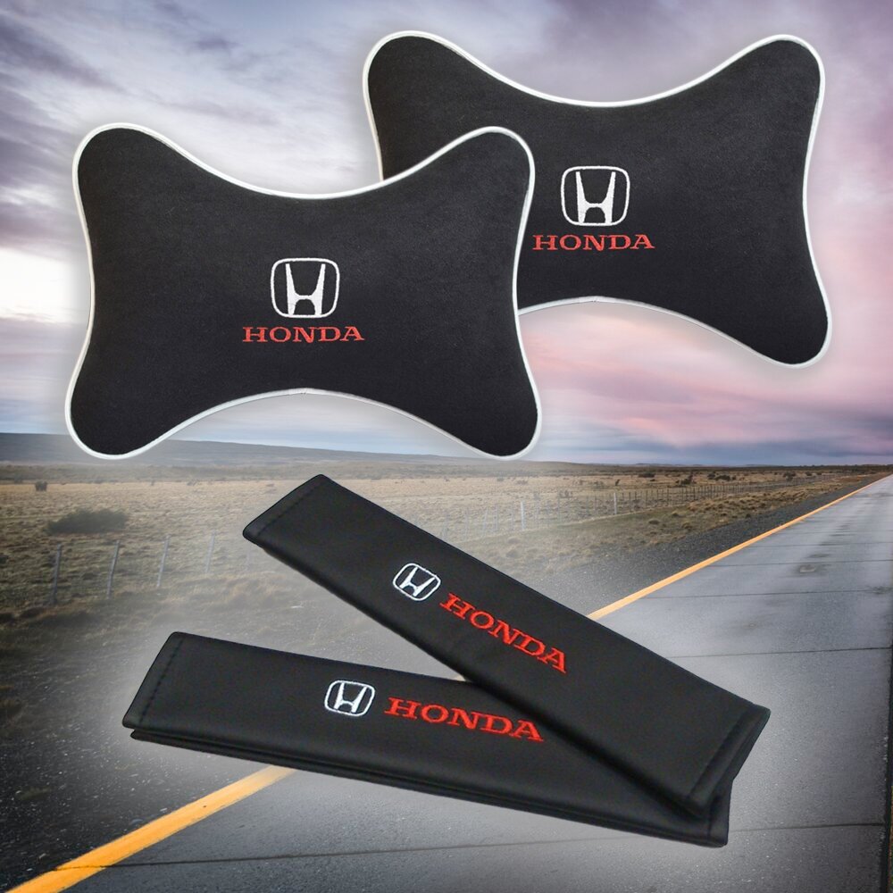 Подарочный набор автомобилиста из черного велюра для Honda (хонда) (две подушки под шею на подголовник и накладки на ремень безопасности)