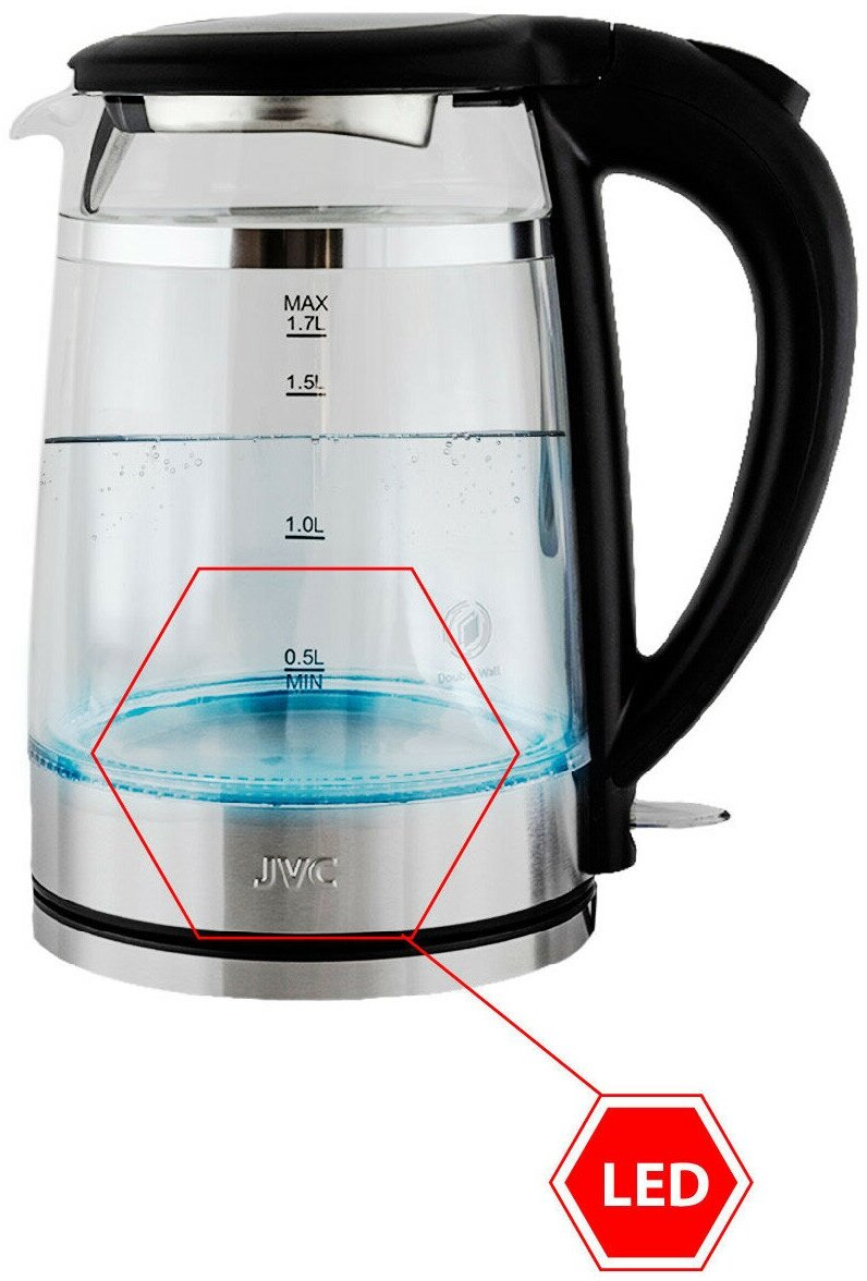 Чайник электрический JVC, JK-KE1815, черный, 1.7 л, 2200 Вт, скрытый нагревательный элемент, стекло - фотография № 5