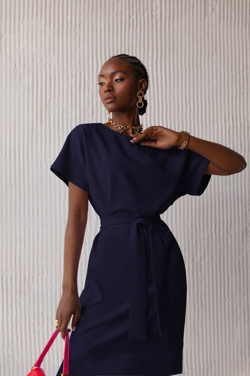 Платье-футляр VERA YAKIMOVA, повседневное, классическое, прямой силуэт, миди, размер 50, синий