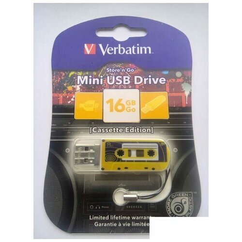 Флэш-диск USB 16Gb Verbatim Mini Cassette Edition, желтый и рисунок (49399)