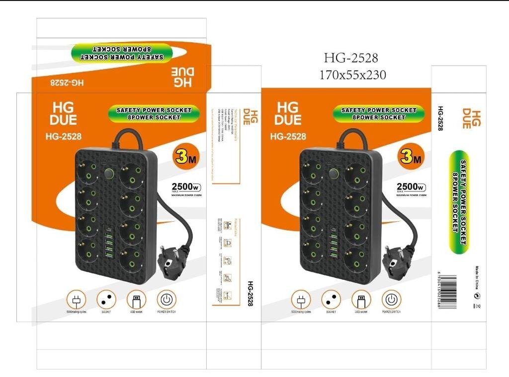 Сетевой фильтр, бытовой удлинитель с Type-C и USB, длина 3 метра HG-2528/ Сетевой фильтр 3м. 8 розеток, 4 USB, 1 Type-C, черный