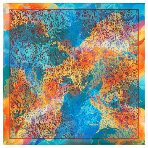 фото Платок павловопосадская платочная мануфактура,135х135 см, синий, оранжевый