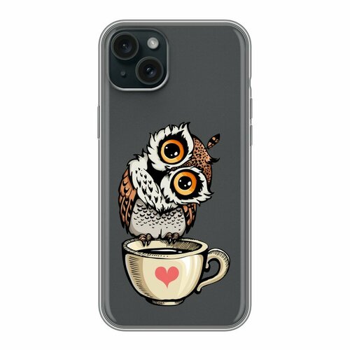 Полупрозрачный дизайнерский силиконовый чехол для Айфон 15 Плюс / Iphone 15 Plus Сова и кофе