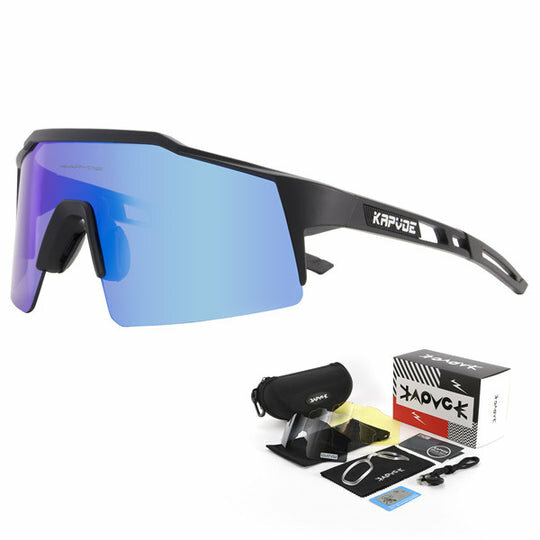 фото Очки Kapvoe c поляризацией спортивные велоспорт/лыжи (4 линзы в комлпекте) KE9023DS, черная оправа, голубая линза, 1
