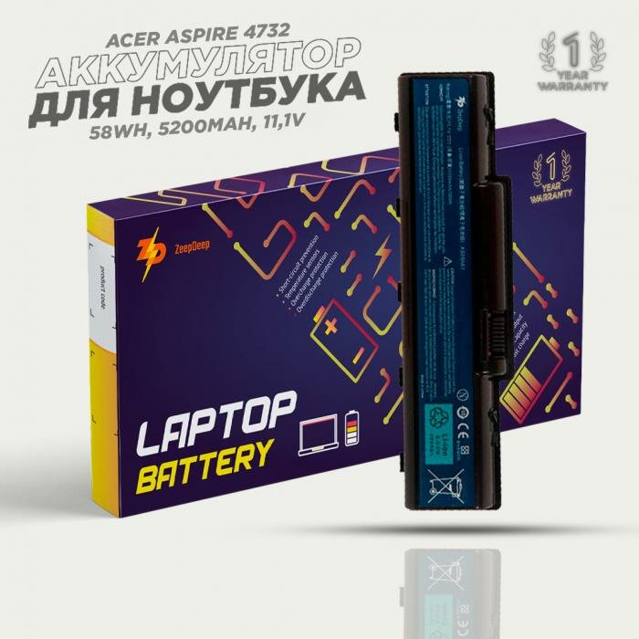 Аккумулятор для ноутбука Acer Aspire 4732, 5334, 5516, 5517, 5532, 5732, 5734, для eMachines D525, D725, E527, E625k, E627 (AS09A61) ZeepDeep Energy 58Wh, 5200mAh, 11,1V