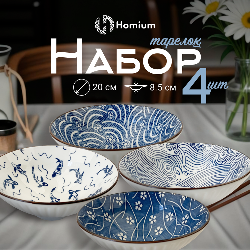 Набор тарелок Homium, Japanese Collection, Очарование, глубокие, 4шт, цвет белый/синий, D20см