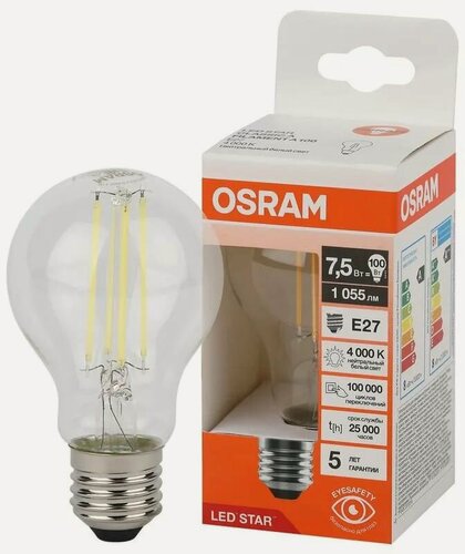 Изображение товара 5шт/уп. Лампа LED Груша 7.5Вт 220-240В E27 1055Лм 4000К Угол 300 град. d 60mm h 105mm Филаментная Стекло Свет Дневной белый Osram, уп. 5шт