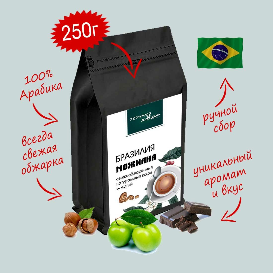 Кофе свежей обжарки тонкий помол Арабика Бразилия Можиана 250г.