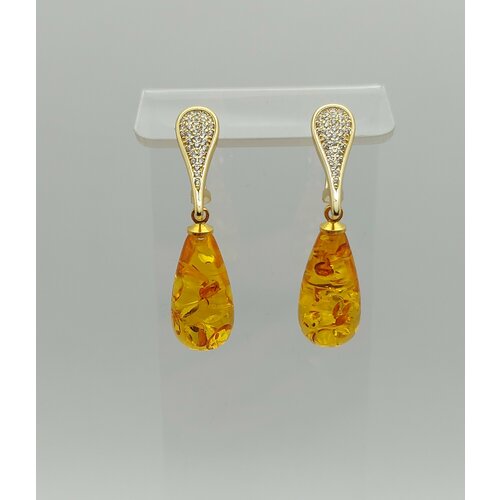 Серьги, янтарь, размер 38 мм, золотистый